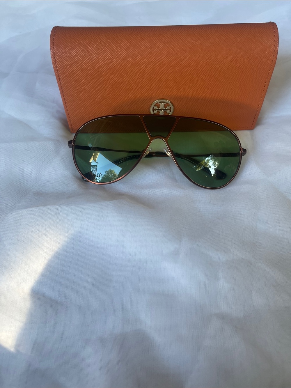 Tory Burch Green Lens Aviator Sunglasses with Orange Case